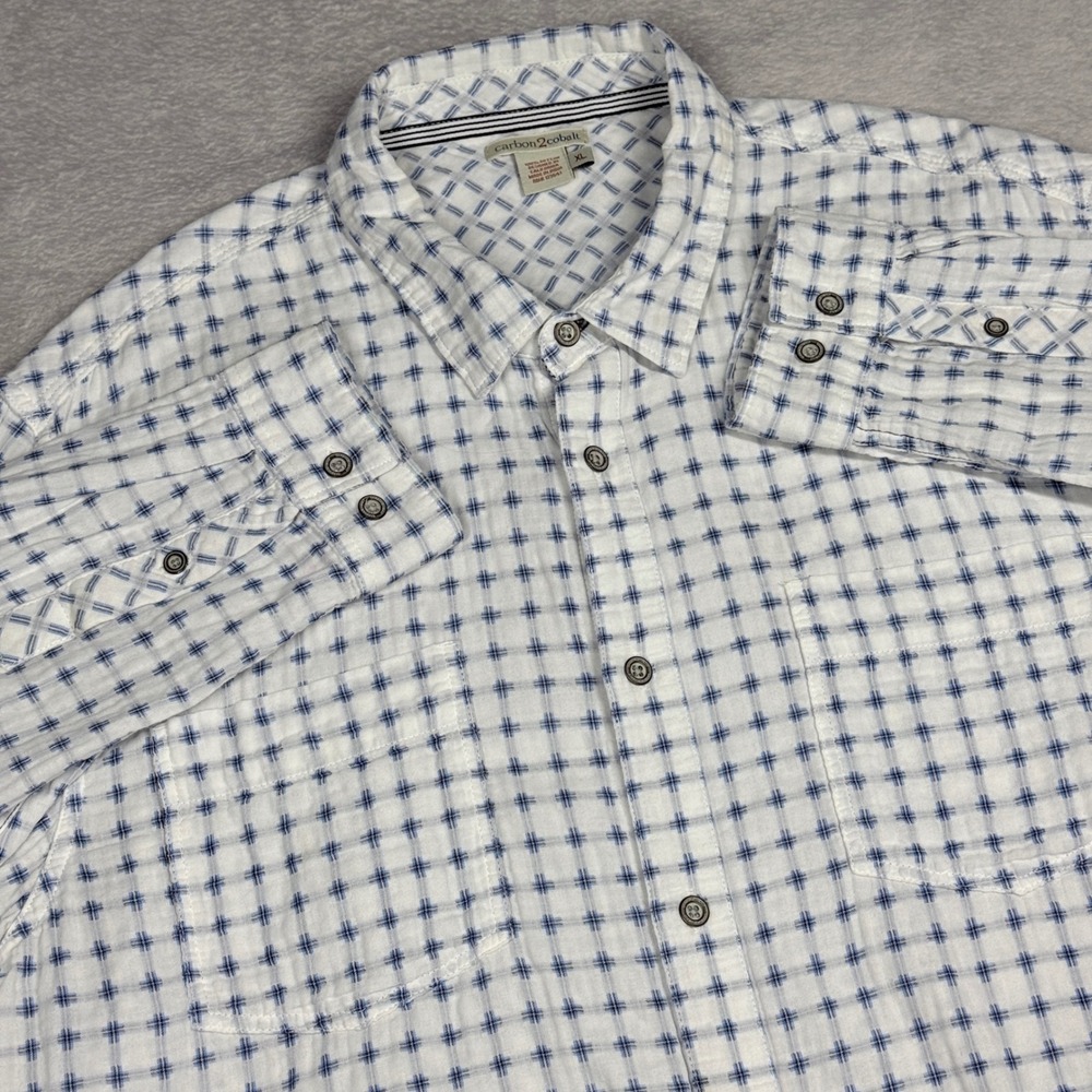 Carbon 2 Cobalt Mens XL Button Down Shirt White Blue Checkered Cotton